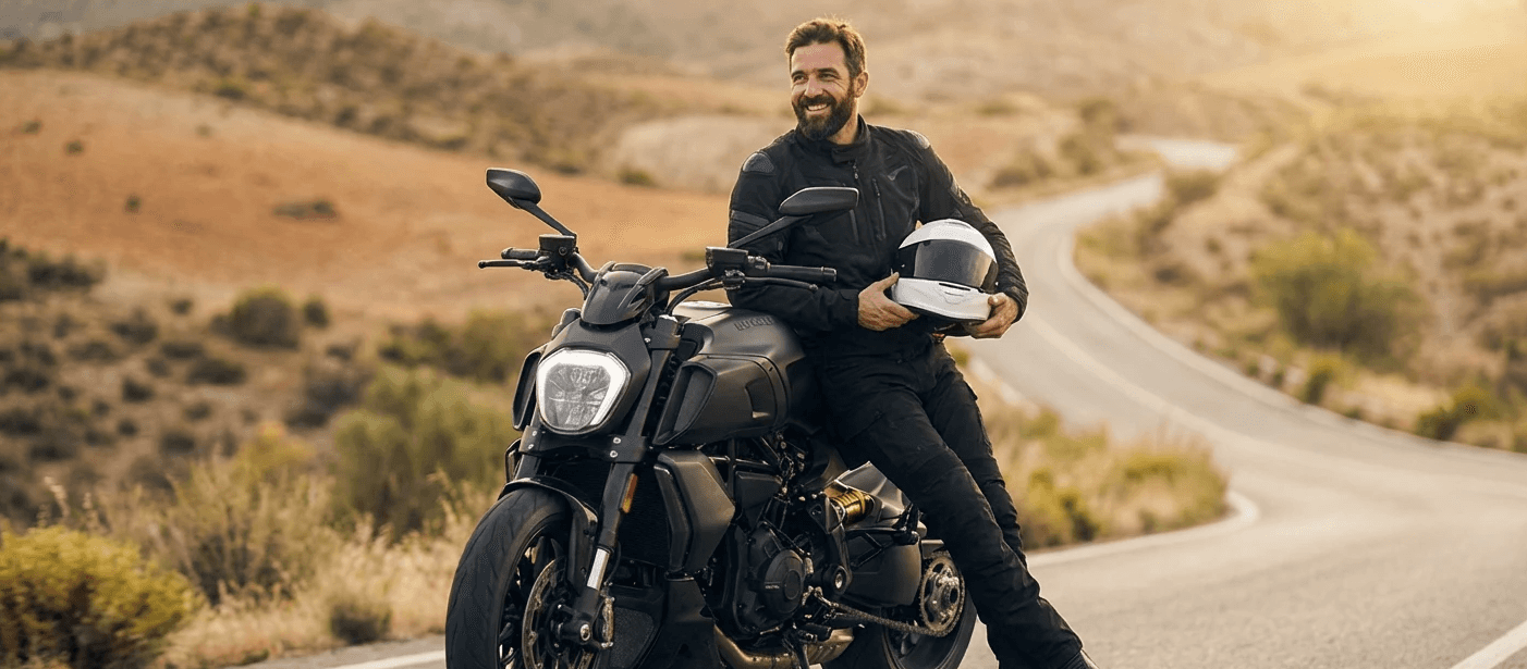 Motard heureux faisant une pause sur la route : Avis client positif sur l'assurance moto pour profil résilié et jeune permis.