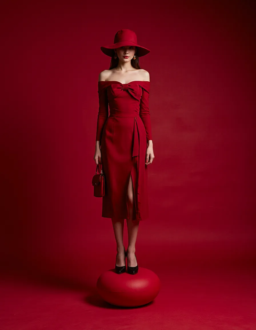 Woman in elegant red dress and hat on matching red background, monochromatic fashion photography