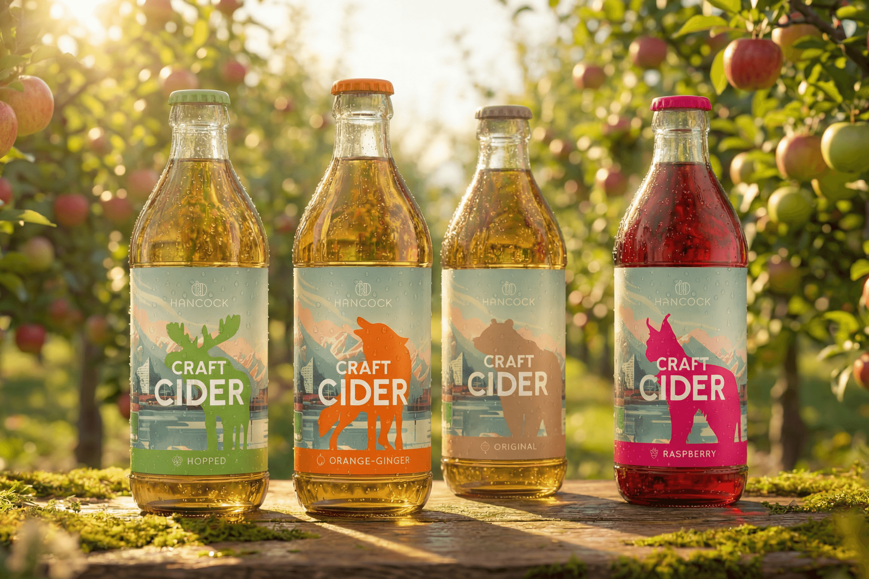 Four bottles of Hancock Craft Cider in an orchard.