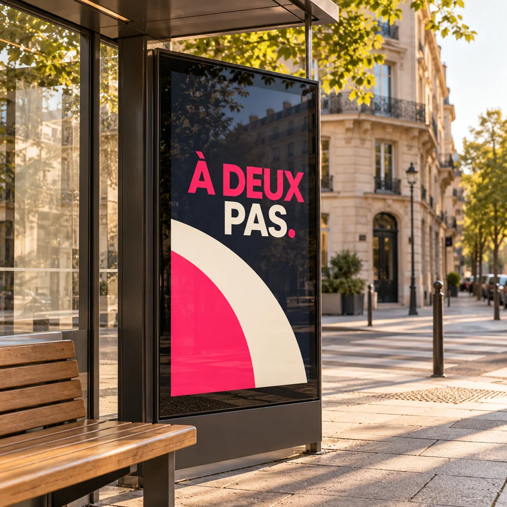 Écran publicitaire numérique intégré à un abribus, avec un message rose et bleu nuit lisible depuis la rue.