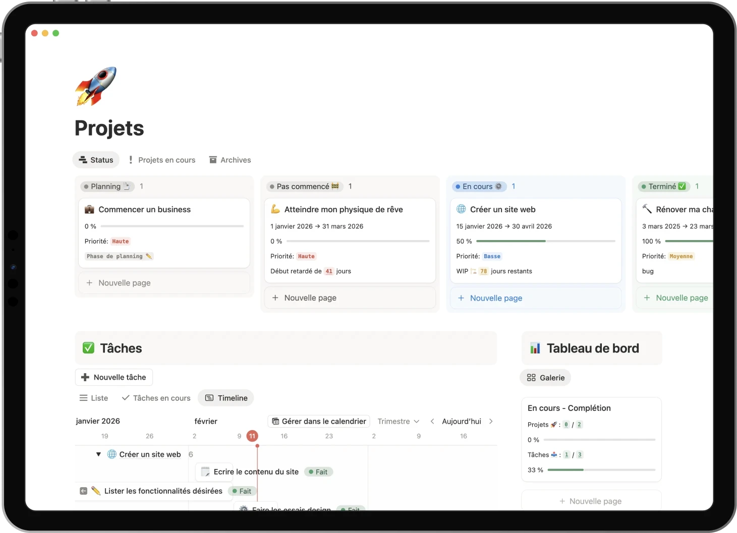 Ipad displaying the Projects template: manage projects, break it down into smaller tasks and monitor your projects completion.
