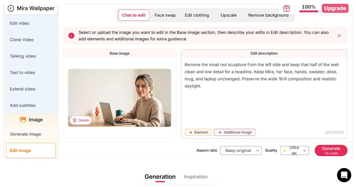 APOB AI Chat to edit workspace with a 16:9 creator banner and a focused background-cleanup instruction