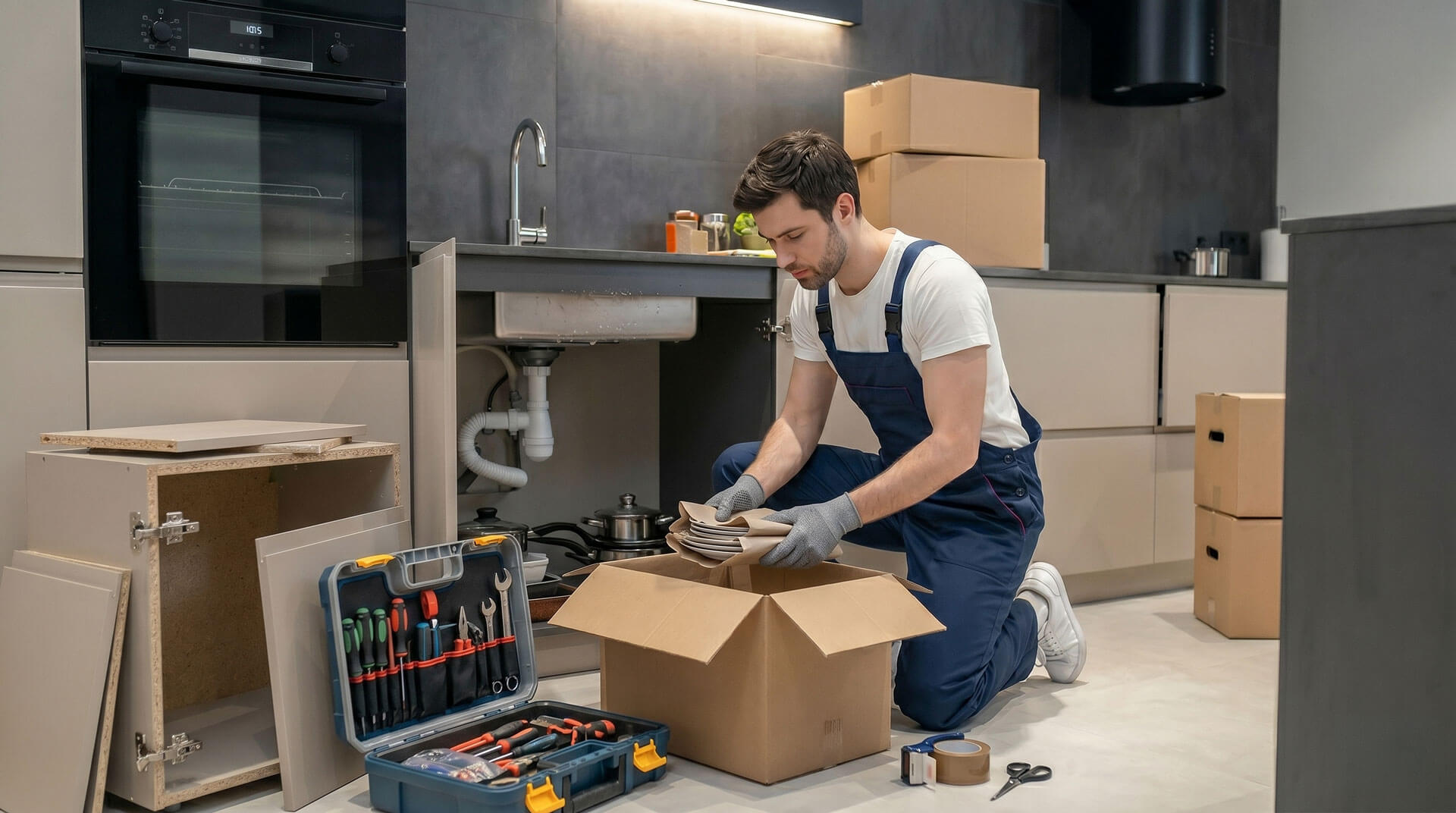 Mitarbeiter eines Entrümpelungsunternehmens in Bayreuth beim fachgerechten Packen von Kartons für eine Wohnungsauflösung.