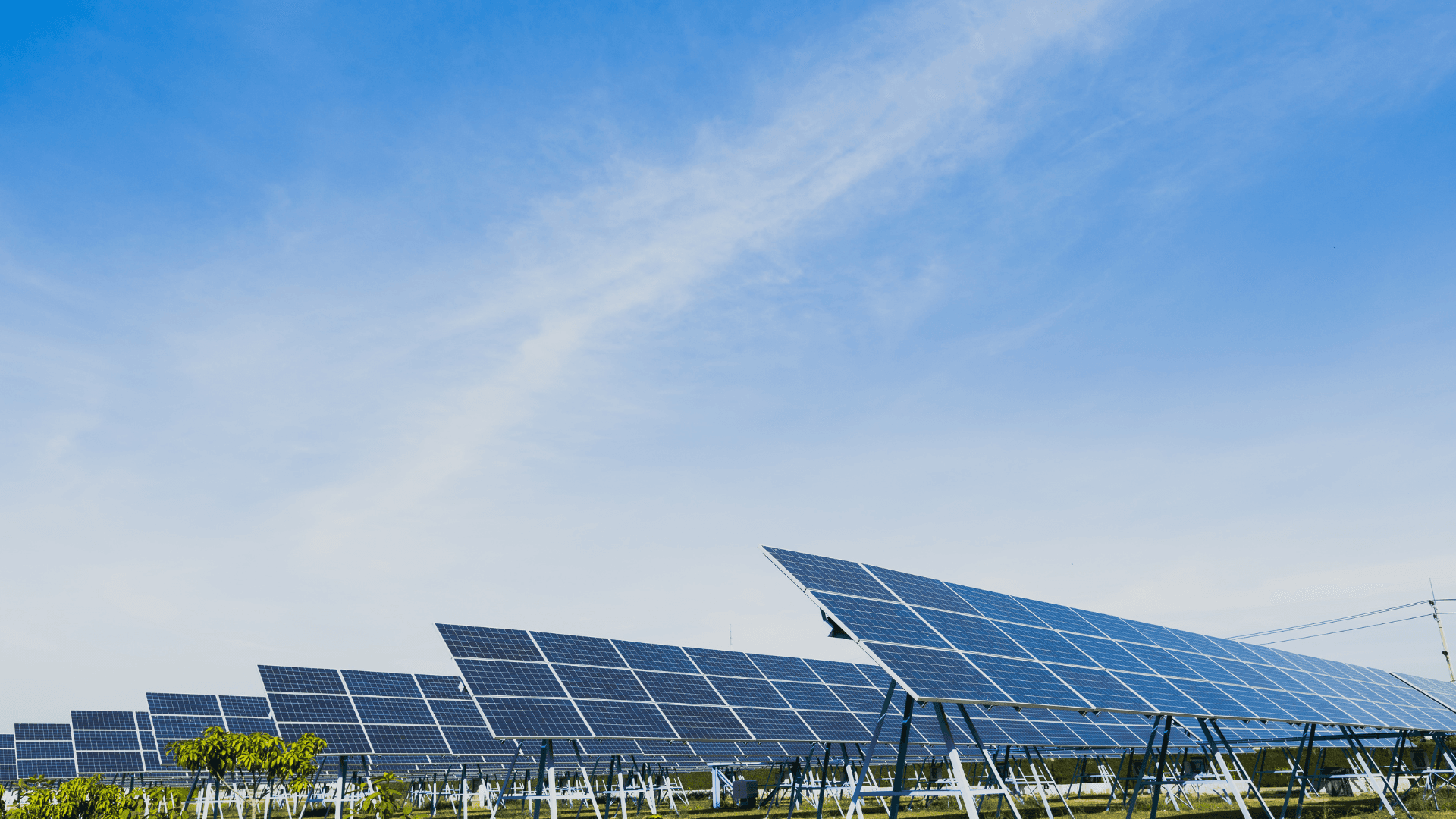 Ein modernes Gebäude mit elegantem, kantigem Dachdesign unter einem klaren blauen Himmel. Im Vordergrund ist grünes Gras zu sehen.