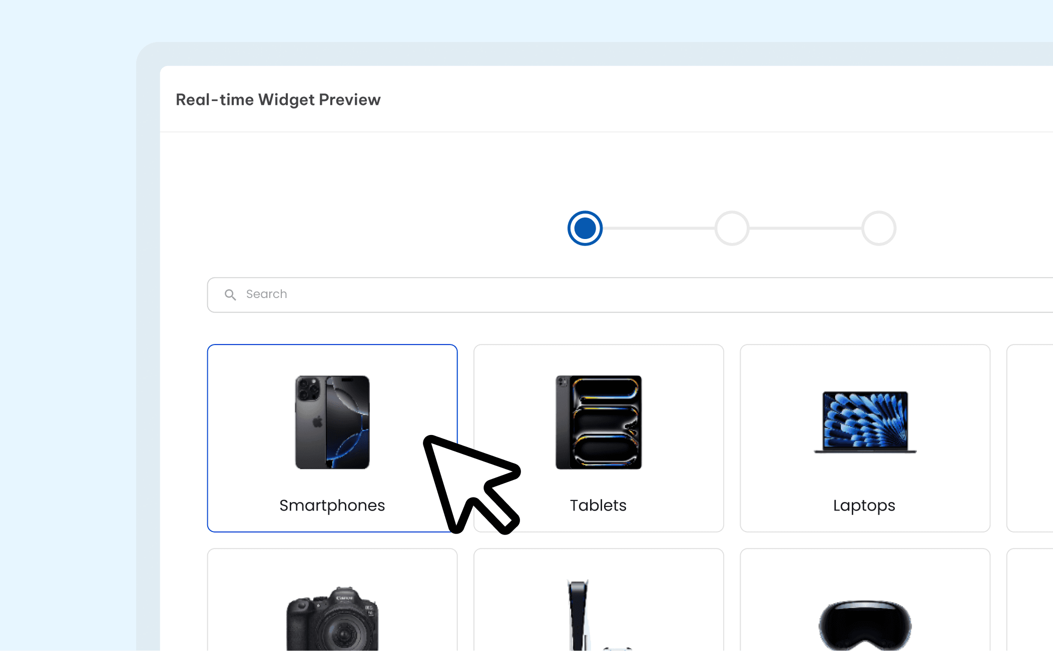 Device selection screen for an online trade-in program, with smartphones highlighted as the selected category.