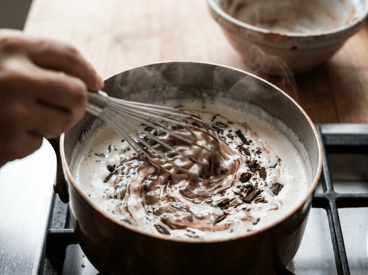 Dark chocolate melting into steaming cream whisked in a saucepan
