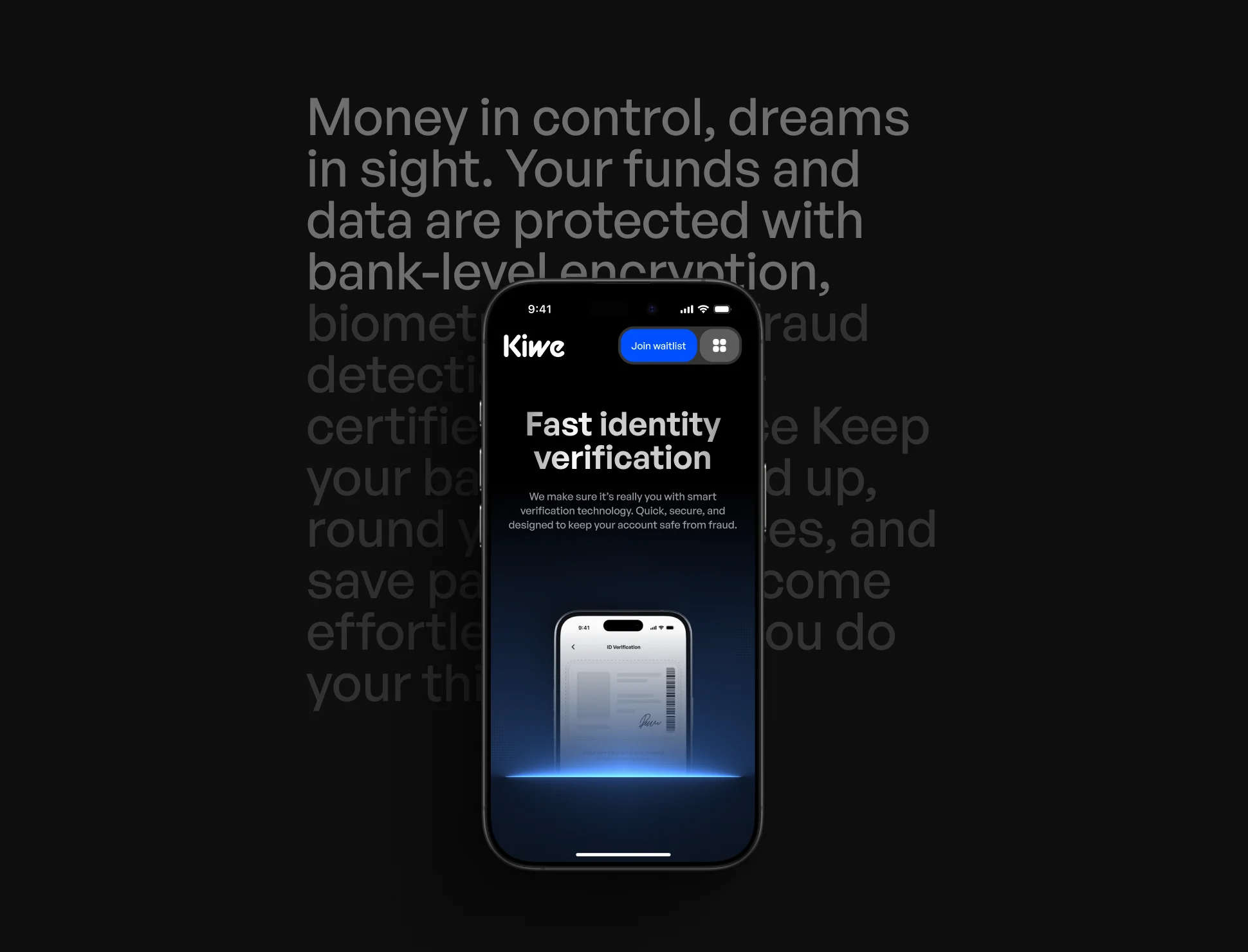 Kiwe app fast identity verification screen — biometric security feature mockup