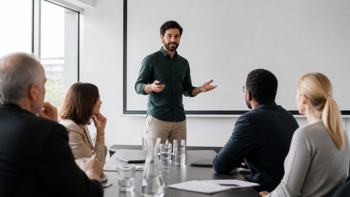 Founder presenting a winning pitch deck framework to investors on screen