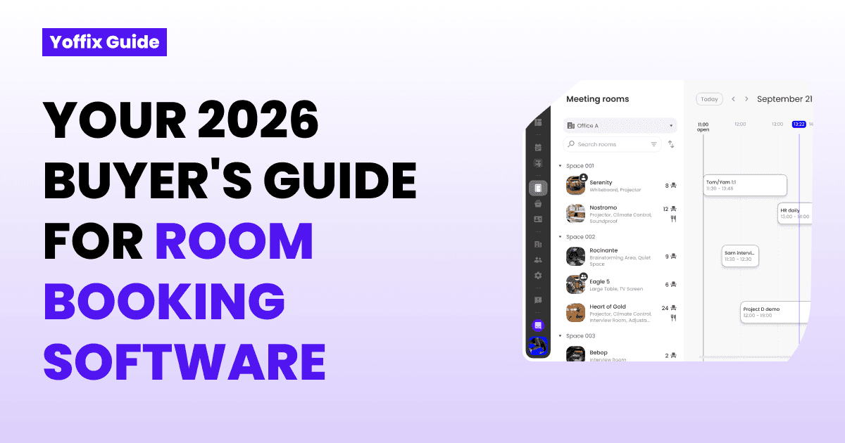Yoffix 2026 buyer's guide for room booking software, featuring the Yoffix app interface showing a meeting room list with attributes, capacity, and a weekly availability calendar view.