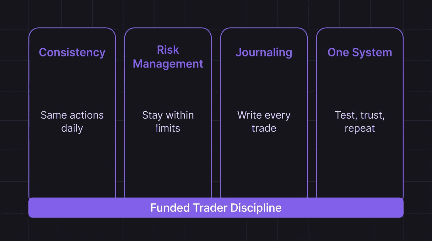 Four pillars of funded trader discipline showing consistency, risk management, journaling, and one system