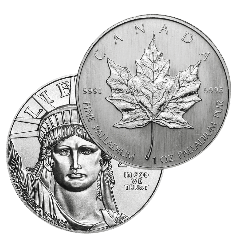 Obverse and reverse views of a Canadian Platinum Maple Leaf and an American Platinum Eagle coin.