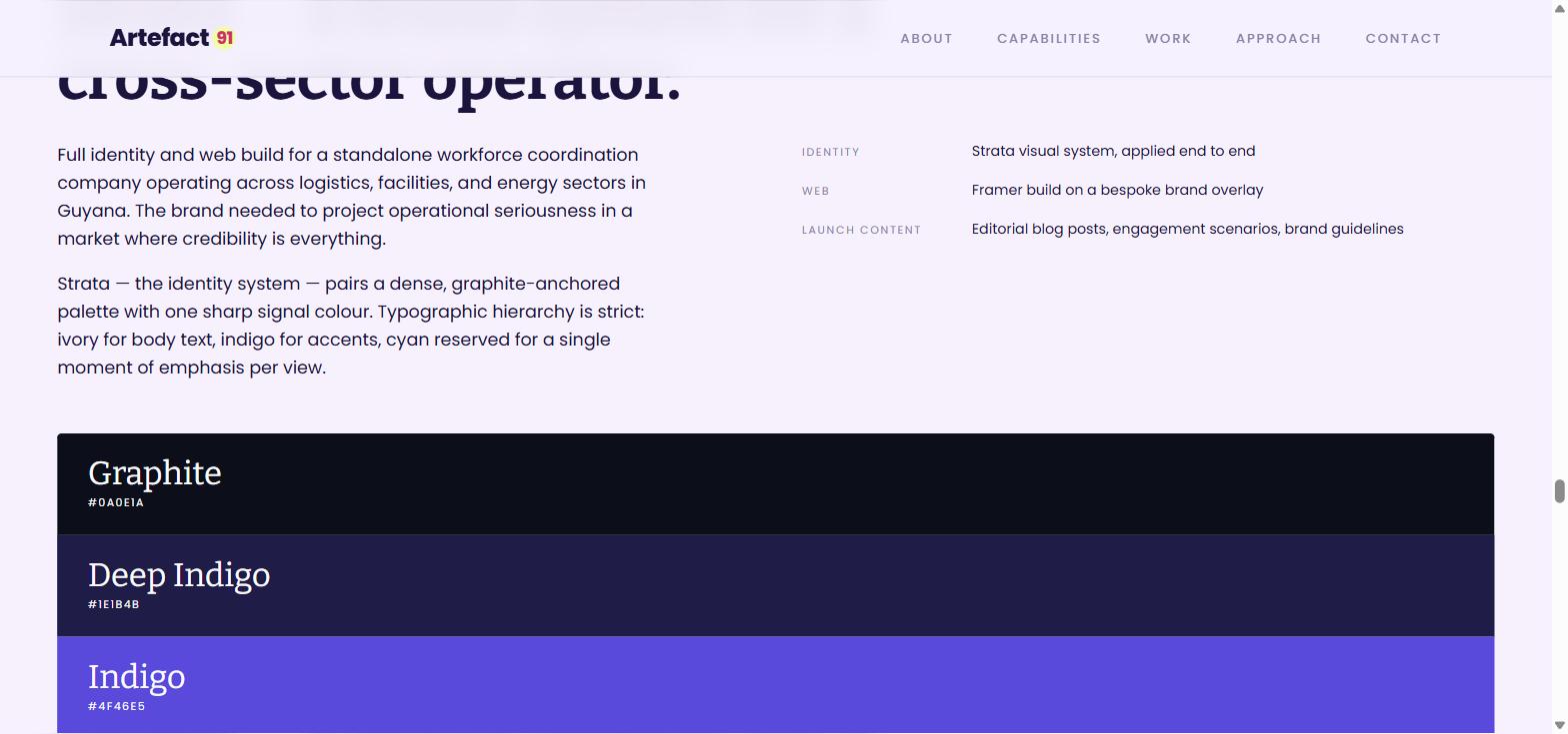 The Strata system summarised — identity, web and launch content listed against the palette, with Graphite and Deep Indigo running full width beneath.