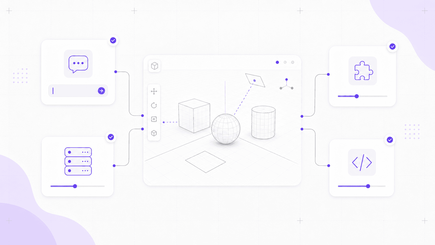 Blender MCP workflow illustration with AI chat, MCP server, addon, and Python API cards connected to a Blender 3D viewport.