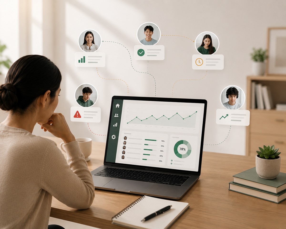 An educator reviewing a student progress dashboard tracking multiple  learners at once, with individual progress bars, trend charts,  and status indicators flagging at-risk and on-track students