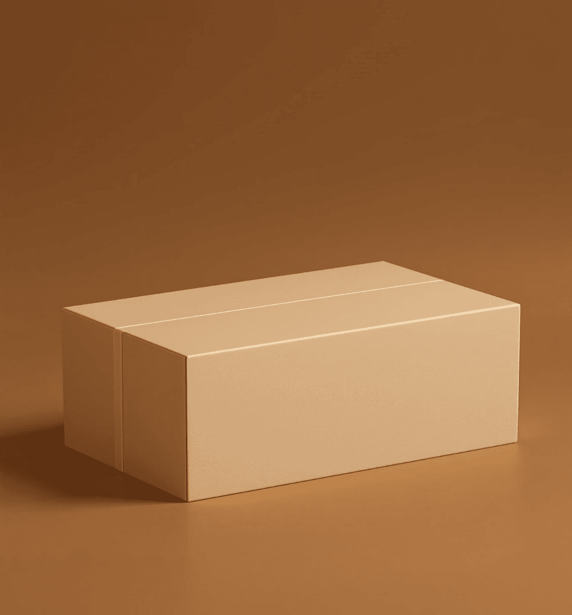 A clean, minimalist  photograph of a plain, rectangular cardboard box sitting on a flat, neutral surface with subtle casting shadows.
