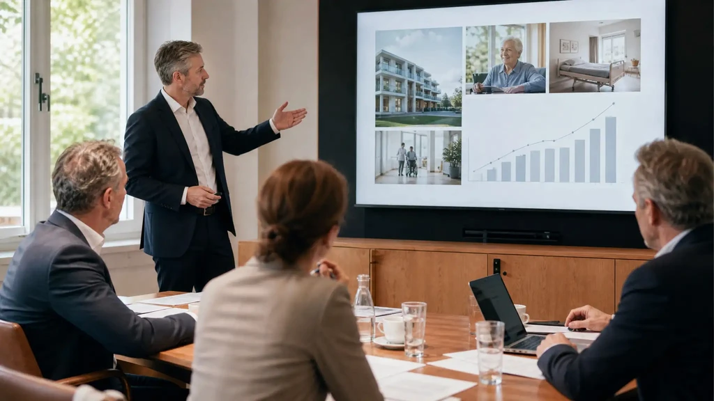Präsentation mit Objektfotos und Wachstumsdiagramm vor Publikum – Symbolbild für die Equity Story