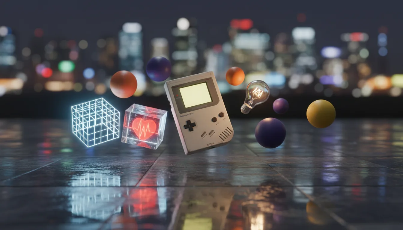 A high-fidelity 3D render in the style of Blender, a surreal still life composition. A vintage off-white Game Boy console floats centrally. It is surrounded by scattered geometric shapes on a dark, wet, reflective stone tile floor. Key elements include a glowing white wireframe cube, a glass cube containing a luminous red heart, a transparent lightbulb, and various matte spheres and cubes in orange, purple, and yellow. The scene is lit by soft global illumination and emissive light from the objects, casting vibrant, colorful reflections and soft floating shadows. The background is a dark, out-of-focus bokeh of colorful city lights.