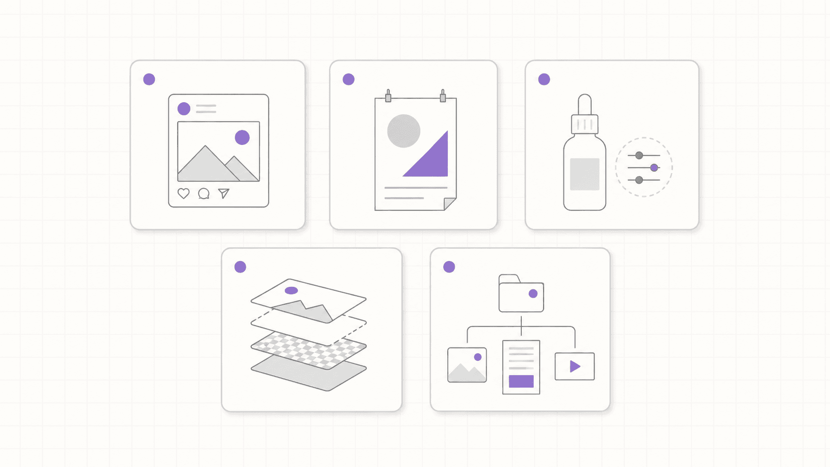 Five-card decision board showing different Photoshop project types with simple icons for social graphics, posters, product retouching, AI composition, and campaign assets.