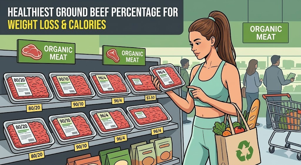 An illustration of a fitness-conscious woman comparing ground beef fat percentages at a grocery store, with text overlay "Healthiest Ground Beef Percentage for Weight Loss & Calories".