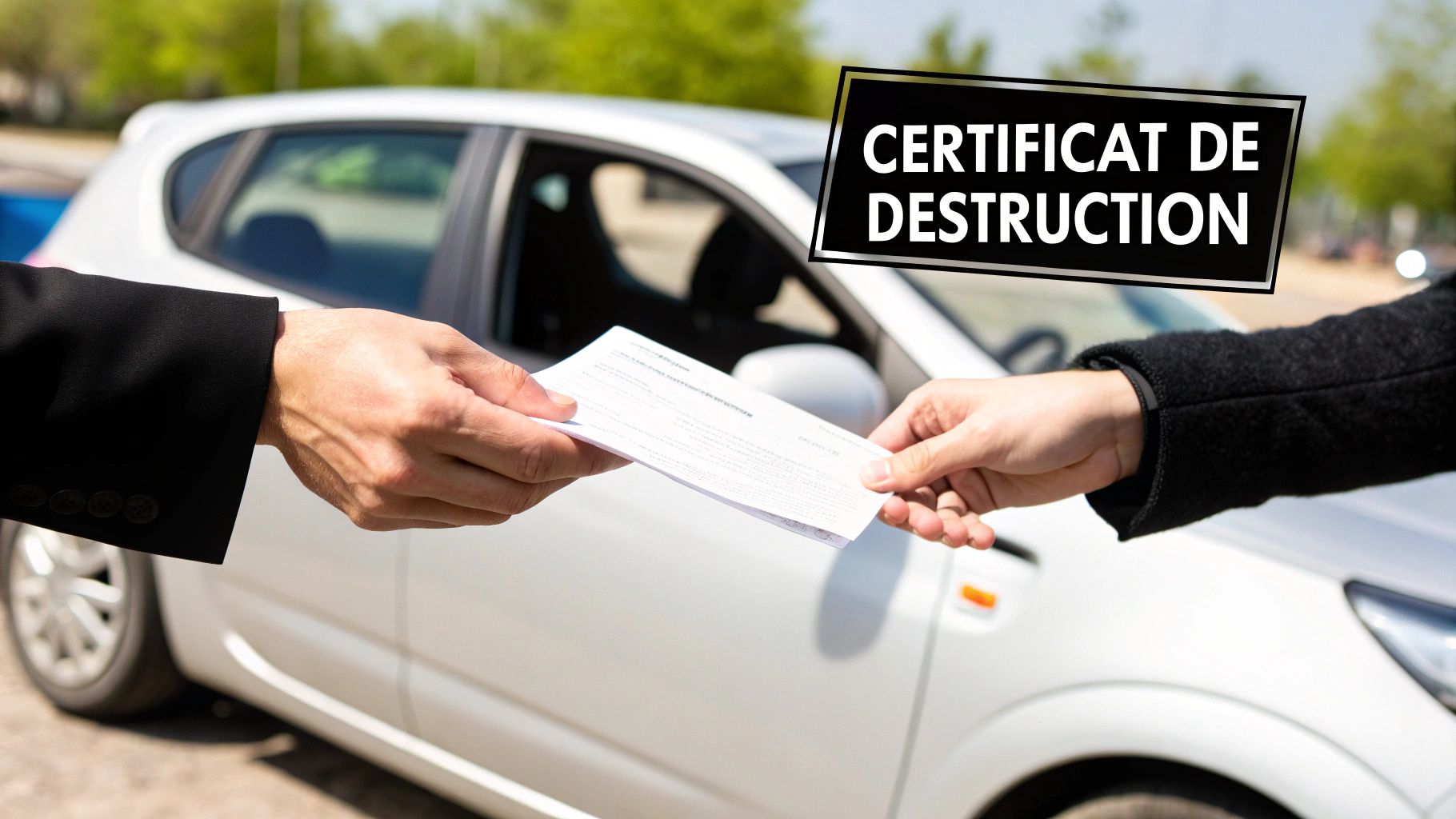 Deux mains échangent un certificat de destruction de véhicule devant une voiture blanche. Processus administratif automobile.