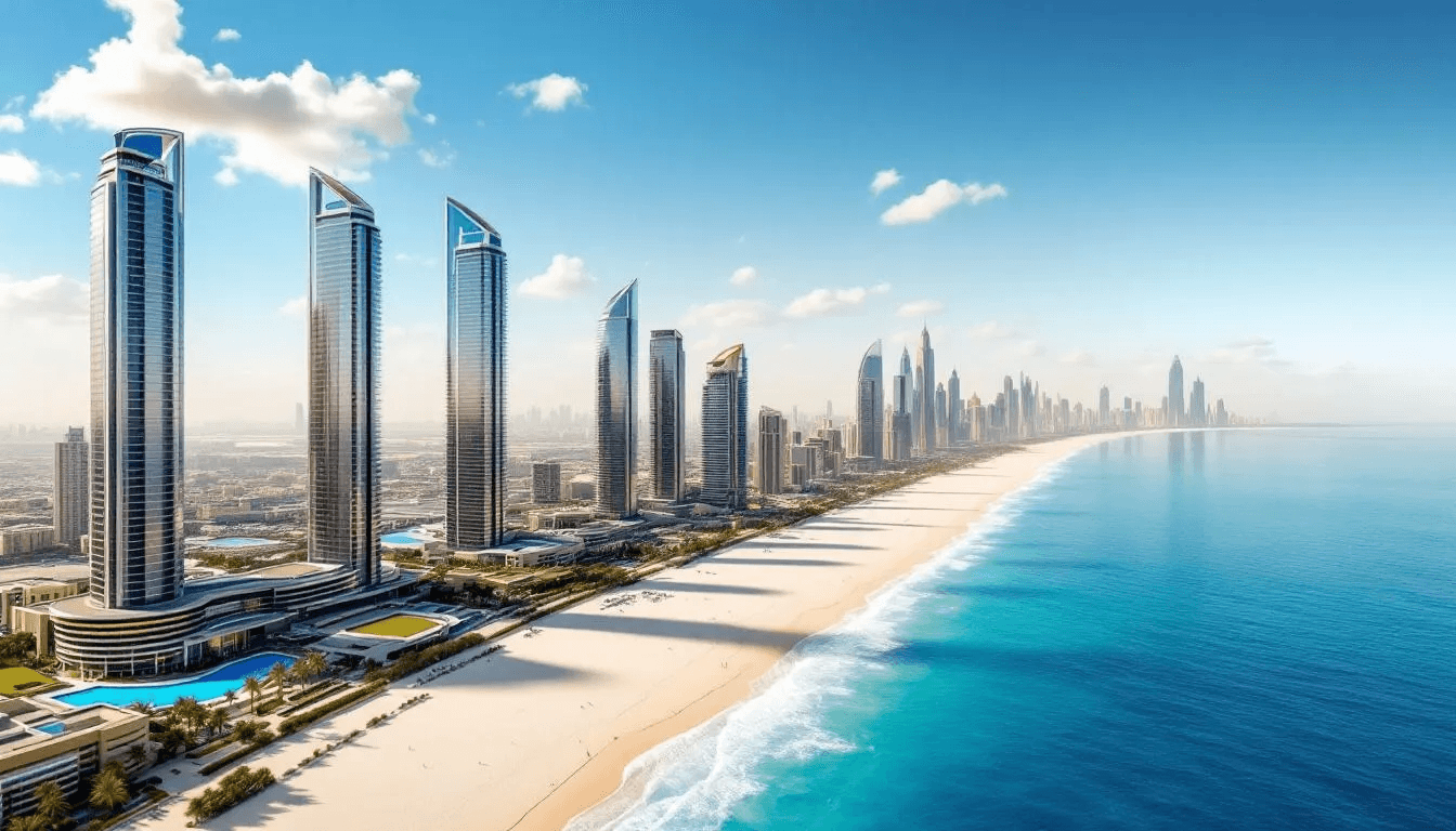 Ein Panoramablick auf die Küste von Dubai zeigt luxuriöse Wolkenkratzer, die sich harmonisch neben den makellosen Stränden erstrecken. Im Hintergrund sind ikonische Gebäude wie der Burj Khalifa und die Palm Jumeirah zu sehen, die das Bild der vereinigten arabischen emirate prägen.