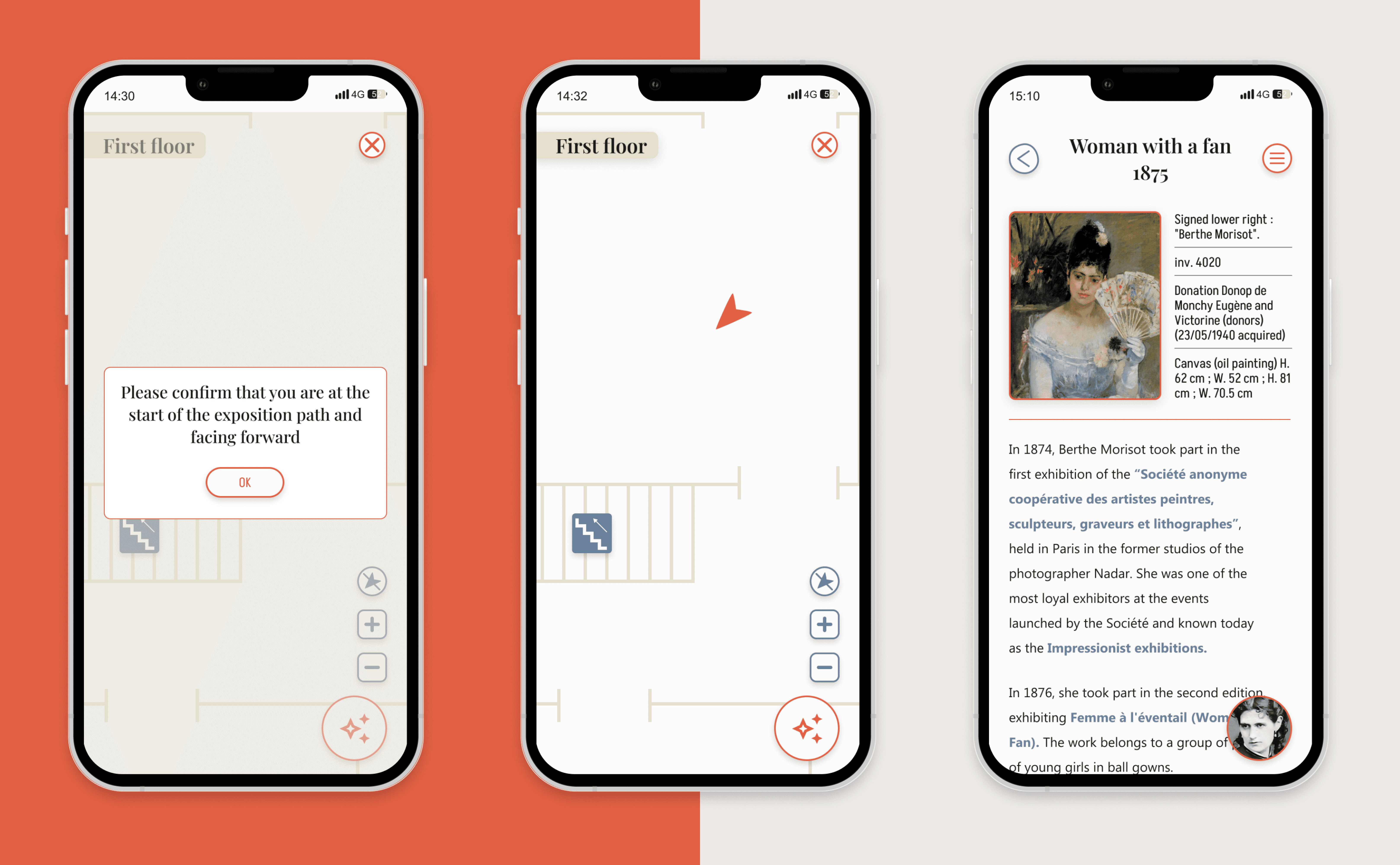 Une série de trois iPhones affichant chacun un écran de l'application : la page de départ de l'exposition à gauche, le plan guidé de l'exposition au centre et une page descriptive d'une oeuvre à droite.