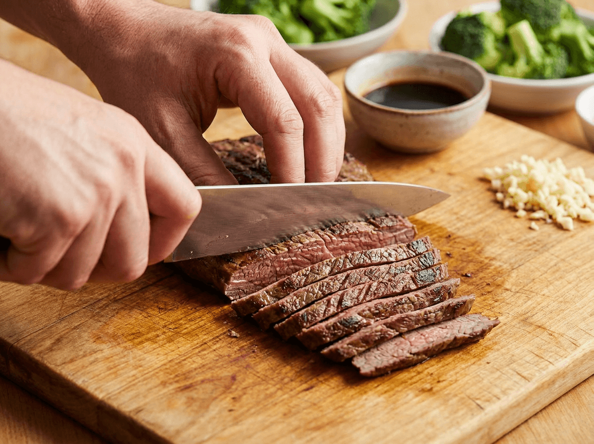 Hands slicing flank steak thinly against the grain on a wooden cutting board