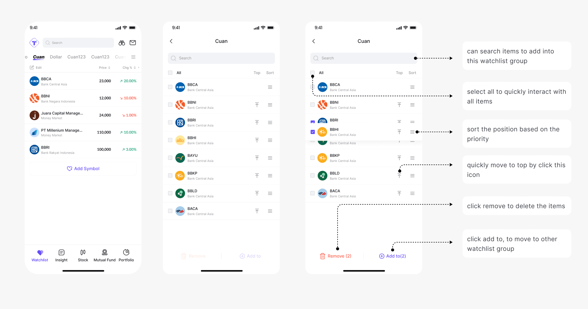 Watchlist group settings interface for managing user preferences