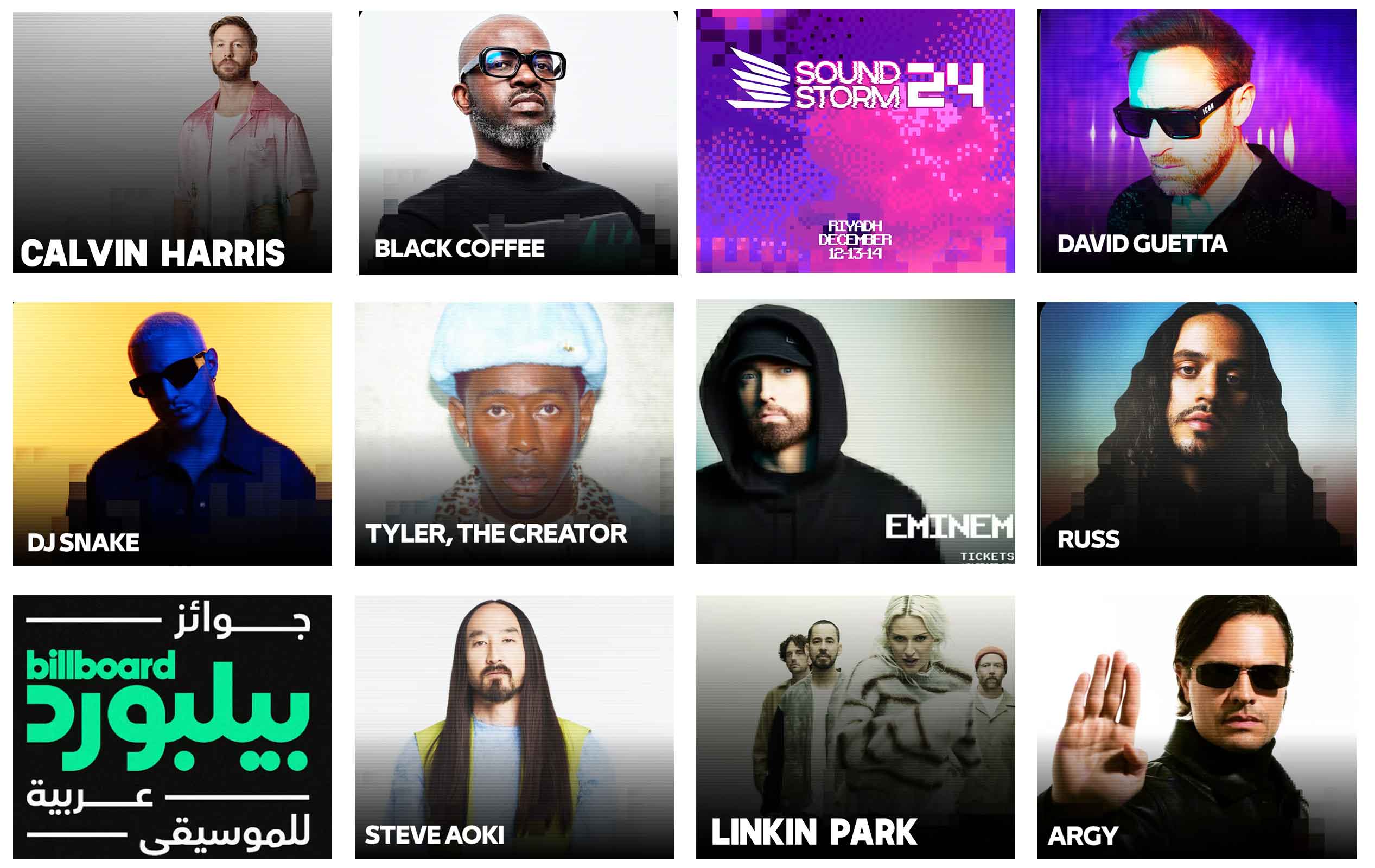 riyadh music week, soundstorm music festival, billboard arabia music awards, calvin harris, black coffee, david guetta, dj snake, tyler the creator, eminem, russ, steve aoki, linkin park, argy, solomun, luciano, butch, thirty seconds to mars, akon, jason derulo, agents of time, adriatique, richie hawtin