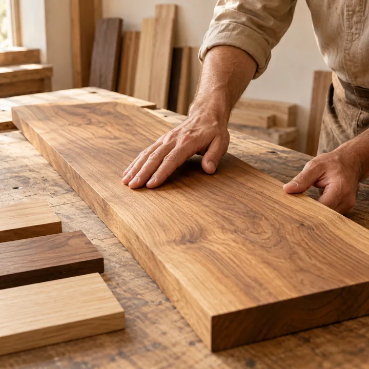 Manos revisando la veta de una tabla de madera sobre un banco de trabajo.
