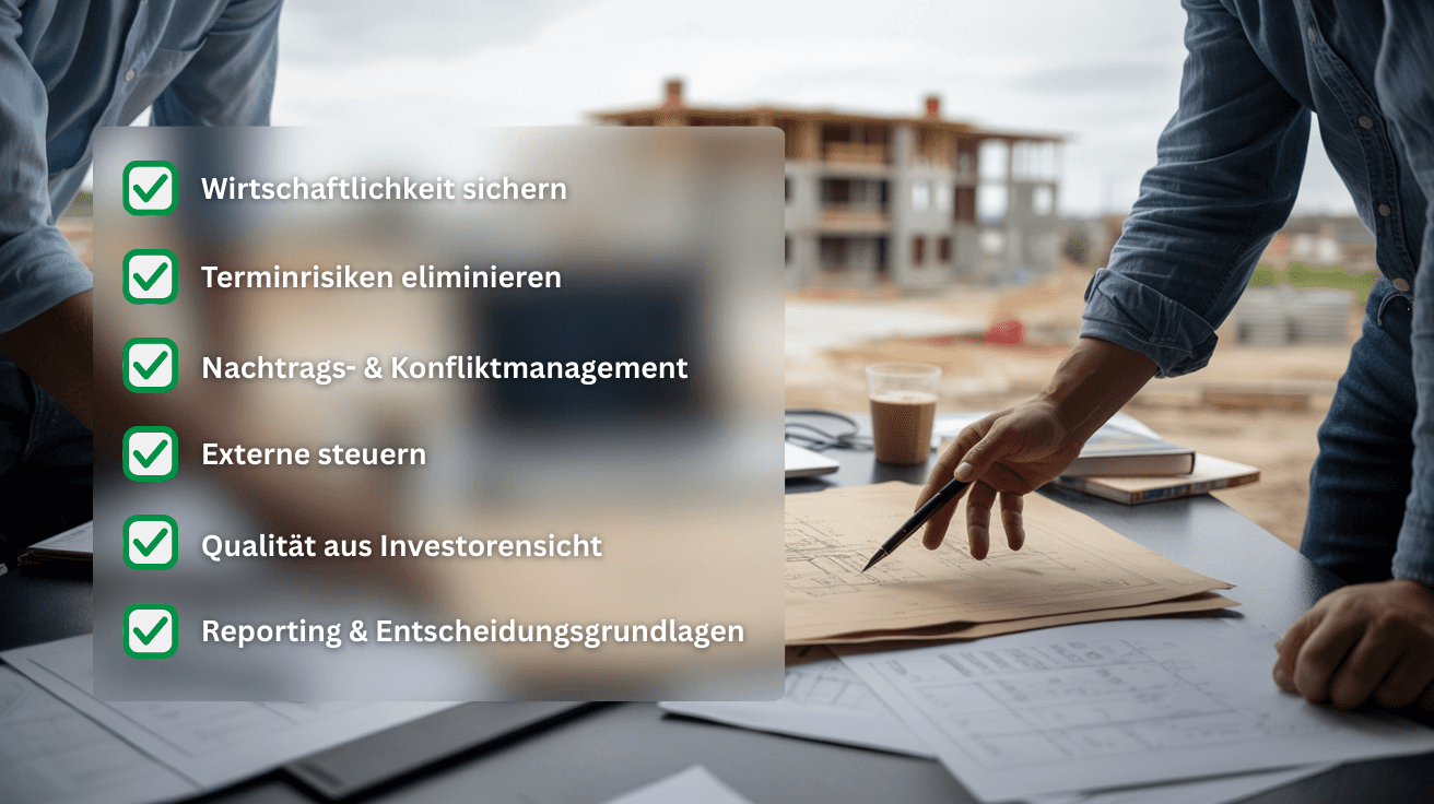 Baubesprechung mit Bauplänen und Laptop auf Baustelle – Projektmanagement Bau & Immobilien