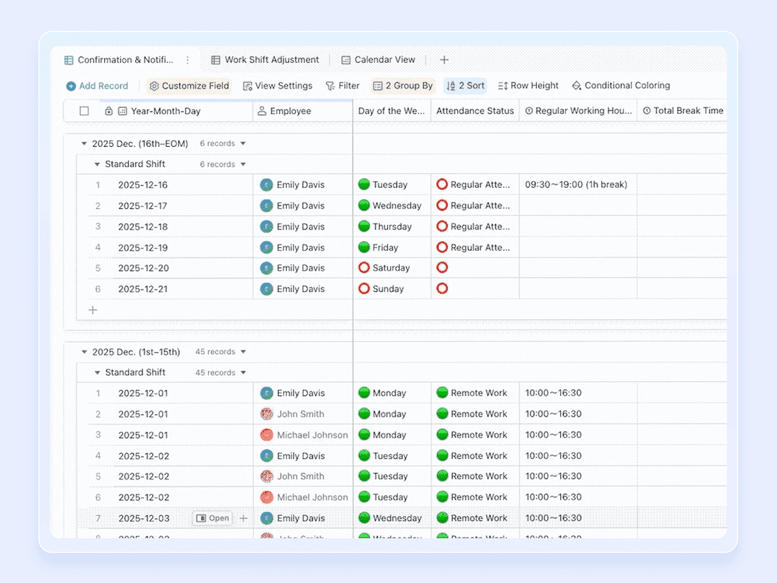A digital timesheet for tracking attendance