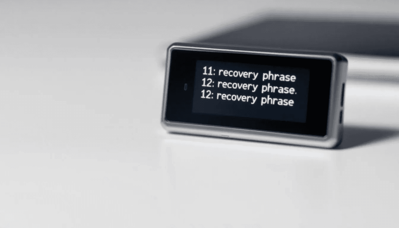 A hardware wallet device is shown with its screen displaying a recovery phrase, which is crucial for restoring access to digital assets like bitcoin. This secure backup method helps users create multiple backups to protect their funds against theft or loss.