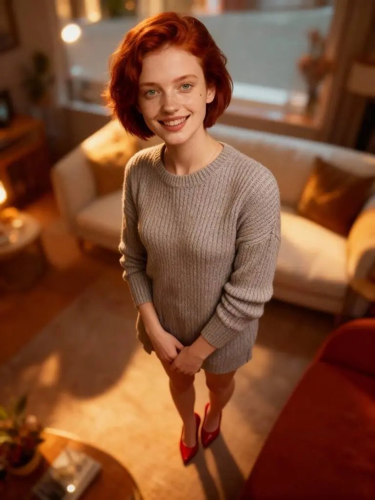 Short-haired woman smiling, red heels, sweater, Seedream 4.0 Free.