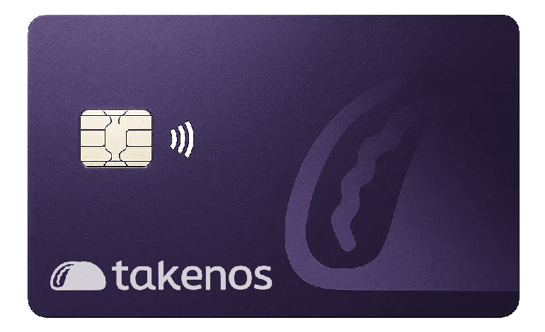 Tarjeta prepaga internacional de Takenos color púrpura con chip y logo, vinculada a la billetera virtual para pagos globales