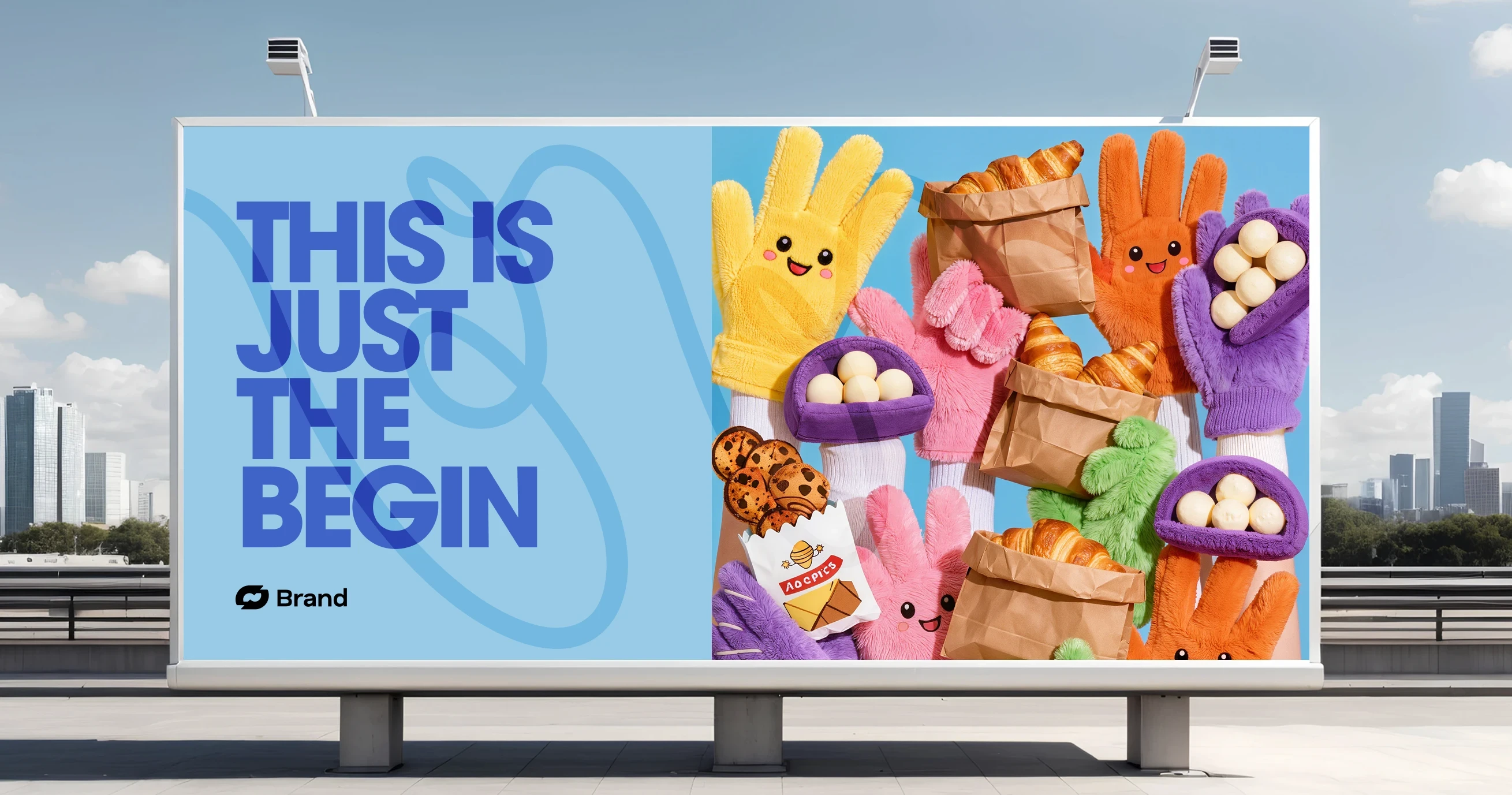 Colorful gloves holding baked goods with bold text "This is just the begin".