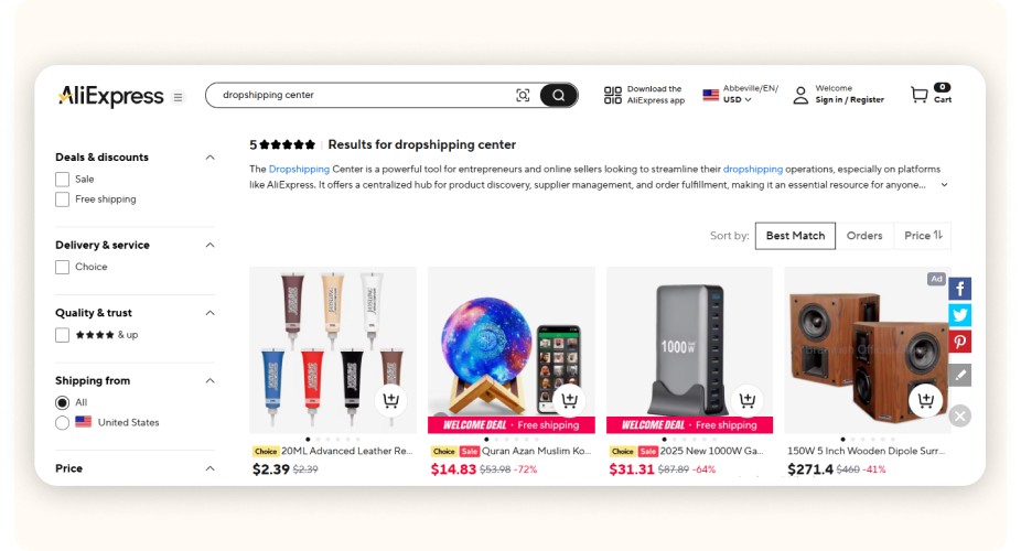 Résultats produits sur AliExpress après recherche dropshipping center affichés.