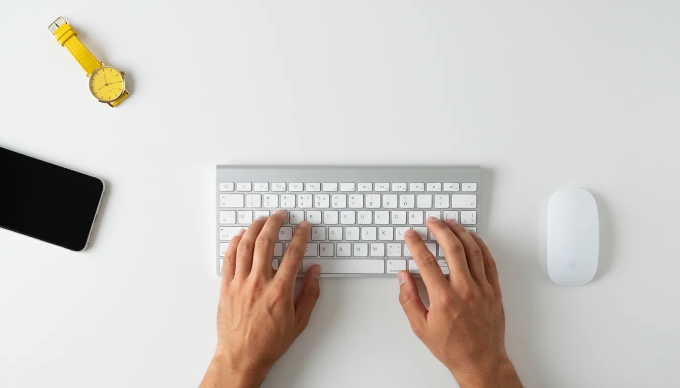 Top-down flat lay DSLR photograph of a minimalist white desk, featuring a person's hands with a medium skin tone typing on a silver and white wireless keyboard. The composition is asymmetrical with a white wireless mouse, a vibrant yellow wristwatch, and the corner of a smartphone arranged neatly, creating ample negative space. The scene is shot with bright, even natural daylight, high key, with sharp focus and a clean, productive aesthetic.