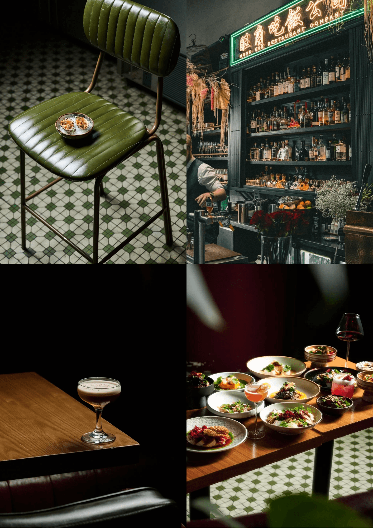 Restaurant interior with exposed brick walls, timber tables set for service, a bottle-lined bar and open shelving stacked with plates