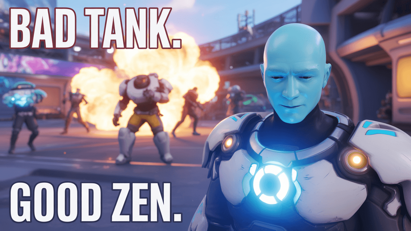 Zenyatta in foreground with exploding tank behind and BAD TANK GOOD ZEN text
