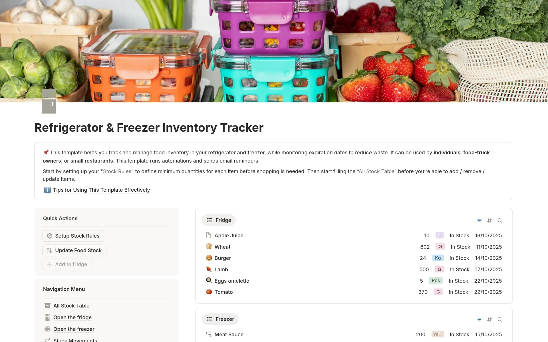 Screenshot of the Refrigerator and Freezer Inventory Tracker Notion dashboard showing stocked items, expiration dates, and restock needs.