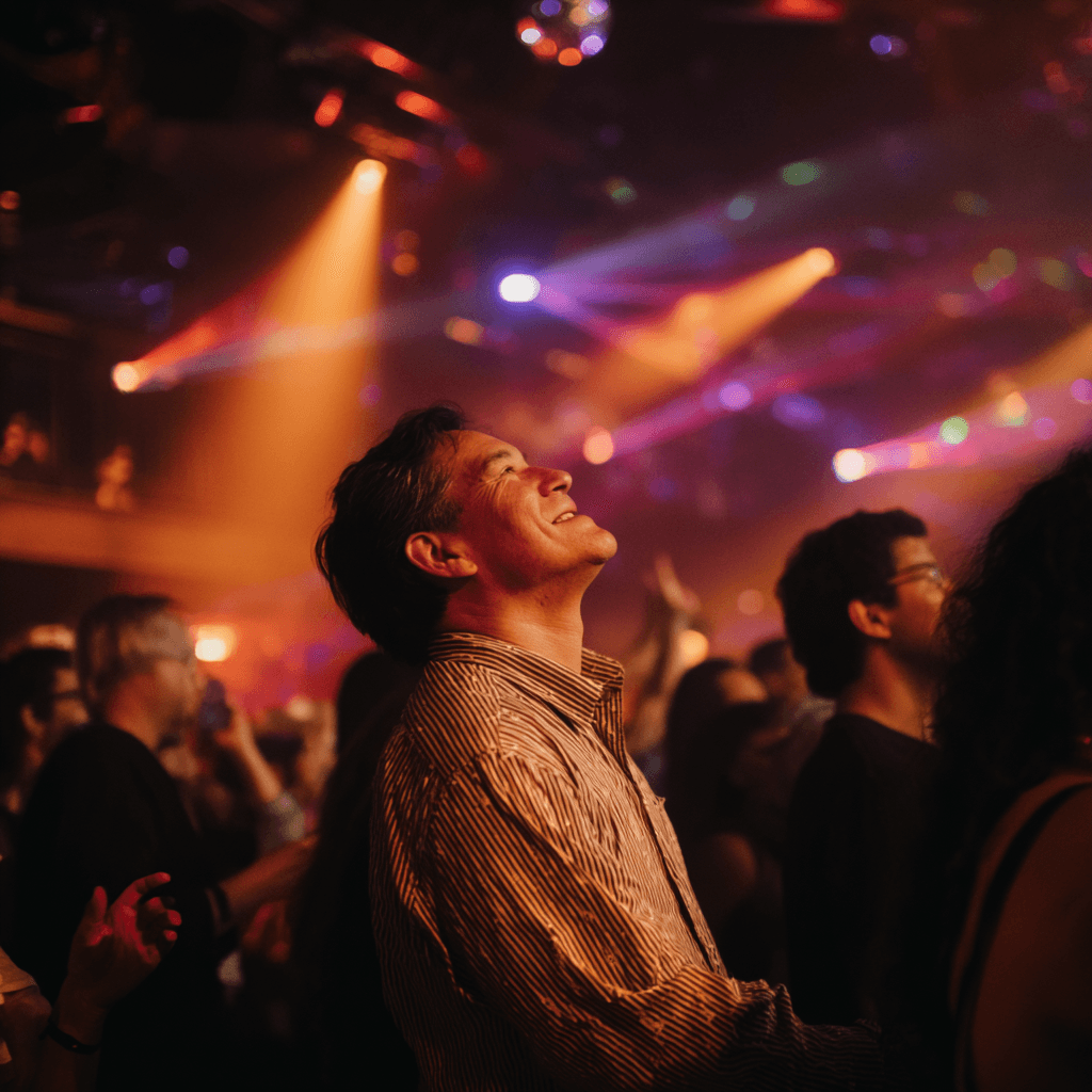 Man in a striped button-up shirt enjoying a concert, looking upward with eyes closed and a peaceful expression. Colorful stage lights in orange, purple, and pink create dramatic lighting effects in the background. Other concert-goers are visible around him in the indoor venue.