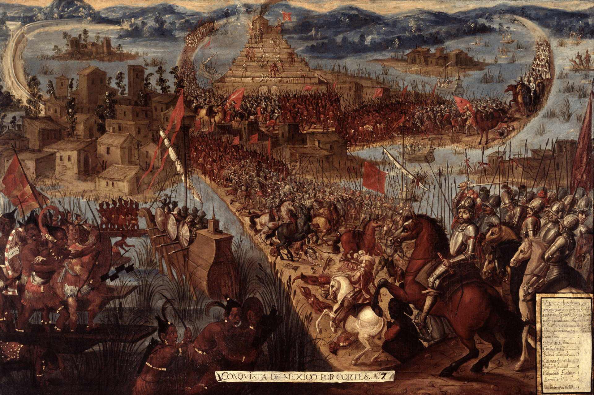 "Conquest of Mexico by (Hernán) Cortés" depicts the 1521 Fall of Tenochtitlan, in the Spanish conquest of the Aztec Empire. Unknown author, second half of 17th century.