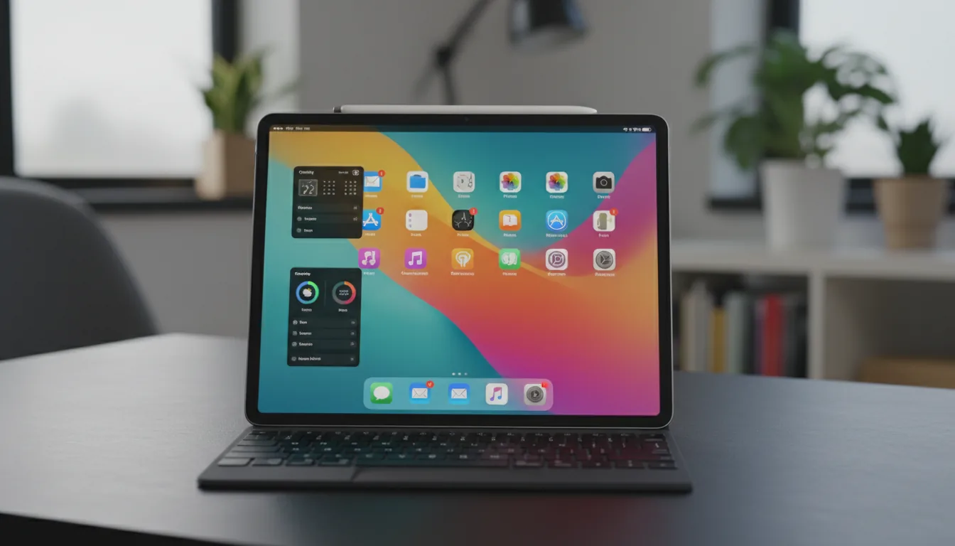 DSLR photograph of an Apple iPad Pro attached to a dark keyboard case, positioned on a black textured desk. The device's screen is on, displaying a vibrant iPadOS home screen filled with colorful app icons and widgets. The wallpaper features a smooth, abstract gradient of teal, yellow, orange, and magenta. The scene is captured with soft, diffused natural daylight, creating a clean, professional look. The background shows a softly blurred home office environment, resulting in a shallow depth of field and pleasing bokeh. Eye-level shot, sharp focus on the iPad.