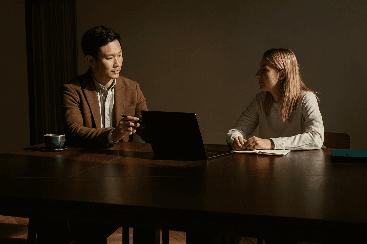 A man in a brown blazer and a woman in a light sweater sit at a desk with a laptop, discussing something. The room is dimly lit, creating a focused atmosphere.