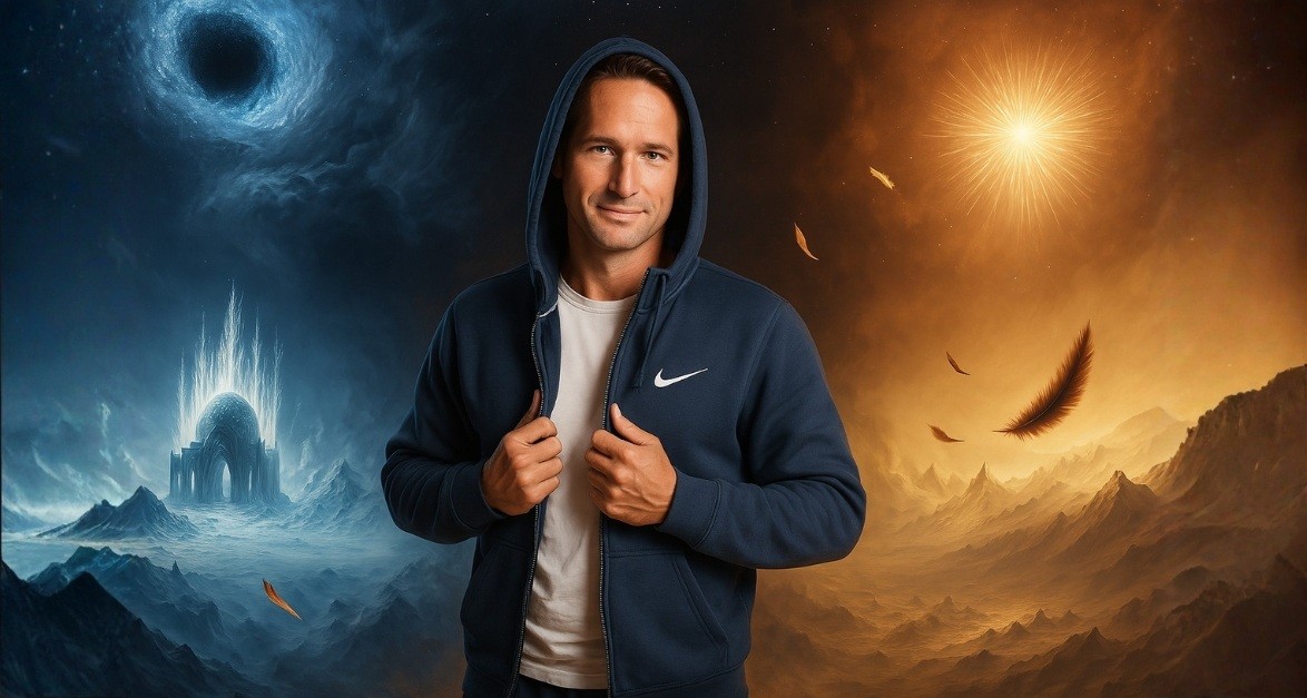 Mister Bewustzijn in sportieve hoodie tussen een donkere en lichte wereld, symbool voor balans tussen innerlijke strijd en groei.