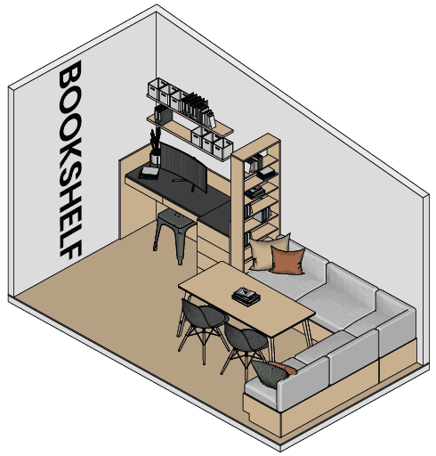 Partially open office space with bookshelf wall divider