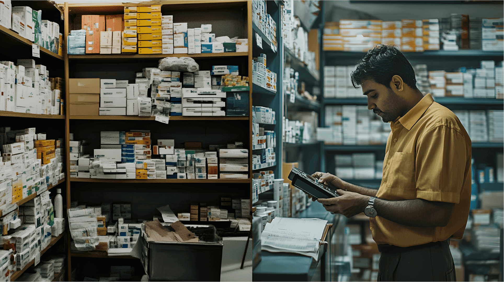 Indian pharmacist organizing shelves filled with medicines for inventory management in a pharmacy. Inventory management for Indian pharmacies, Real-time inventory monitoring India, Regulatory compliance in pharmacy operations