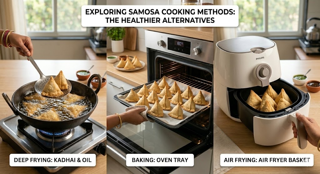 A three-part informational photo comparison titled "Exploring Samosa Cooking Methods: The Healthier Alternatives." From left to right, the image shows: deep frying samosas in oil in a kadhai, baking samosas on an oven tray, and air frying samosas in an air fryer basket. The three panels are labeled "DEEP FRYING: KADHAI & OIL," "BAKING: OVEN TRAY," and "AIR FRYING: AIR FRYER BASKET."