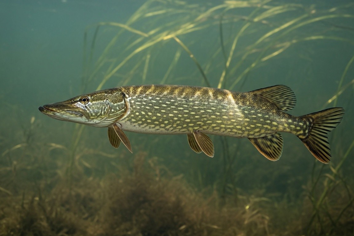 A northern pike with pale spots among underwater vegetation